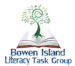 bowen island literacy task group logo tree coming out of book